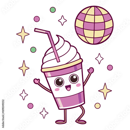 Cheerful milkshake character with kawaii face dances amidst stars and disco ball on transparent backdrop