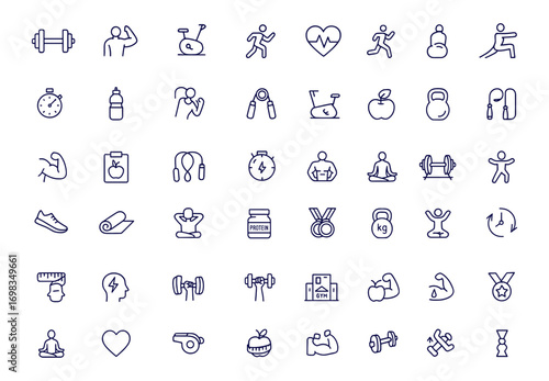 Fitness, sport, gym line style icon set, editable stroke, workout, exercise, health, nutrition, training, muscle, lifestyle, diet, wellness, weight, cardio, yoga, athlete, endurance, strength