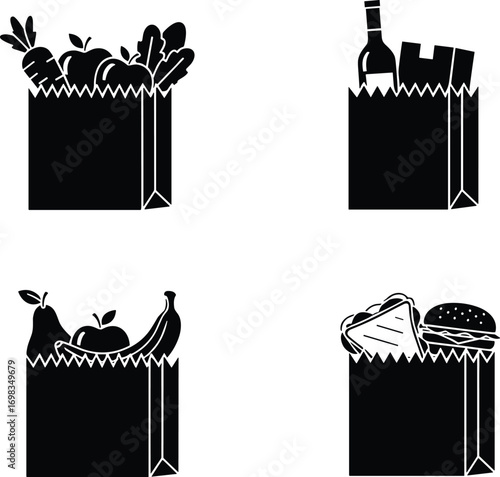 Grocery, bag, icons, vegetables, fruits, packaged, goods, fast, food, shopping, market, healthy, eating, nutrition, fresh, produce, supermarket, meal, delivery, black, silhouette, vector, illustration