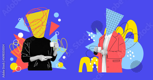 Coffee key visual. Halftone collage with comic doodle geometric element. Modern graphic design. Retro dot idea concept. Trendy magazine. Abstract man with drink cup. Vector contemporary garish poster