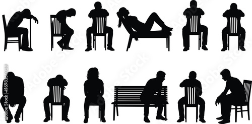 People, silhouettes, sitting, postures, chair, bench, lounge, body, language, emotion, fatigue, contemplation, black, outline, vector, illustration, isolated, design, element, icon, set, graphic