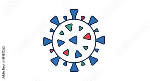 Stylized line art icon of a coronavirus particle with blue spikes and colorful triangles.