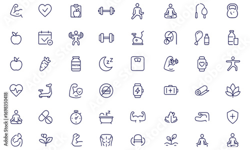 Fitness, healthy lifestyle, wellness, sport, exercise, gym, workout, diet, nutrition, body care, sleep, yoga, meditation, recovery, editable stroke web icons for apps, training, strength, cardio