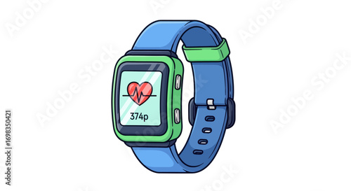 Modern blue and green smartwatch displaying heart rate and steps.