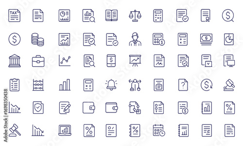 Accounting, audit, finance icon set, line style vector illustration for web and mobile apps, includes tax return, invoice, financial report, bookkeeping, compliance, ledger, calculation