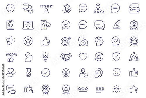 Customer satisfaction web icons set, client feedback, rating, review, testimonial, service, survey, quality, business, loyalty, approval, chat, comment, support, vector illustration