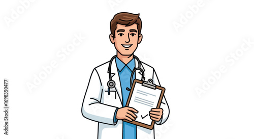 Smiling Male Doctor in White Lab Coat with Stethoscope Holding Clipboard.