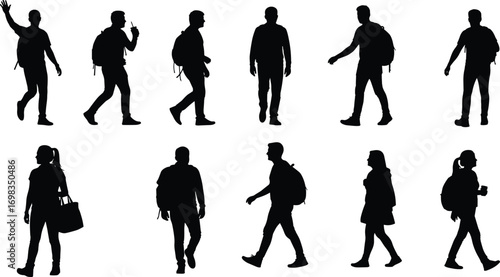 People, silhouettes, walking, standing, casual, clothing, backpacks, shopping, bag, cup, urban, lifestyle, black, outline, vector, illustration