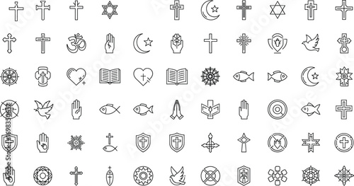 Religious symbols icons, spiritual faith visuals, interfaith elements, sacred signs set, black and white line style, cultural belief illustrations
