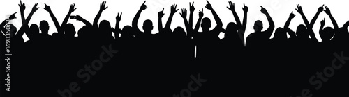 Silhouette of cheering crowd with raised hands, celebrating, enjoying concert, festival, party, energetic audience, live event, music fans vector illustration.