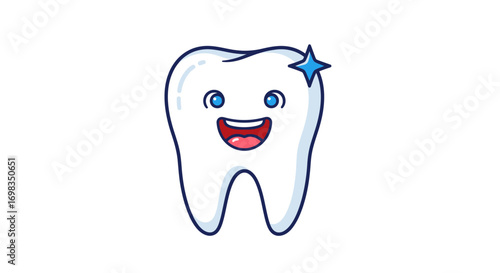 Cartoon Tooth Character with Sparkling Star and Happy Expression.