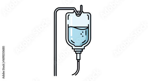 Intravenous Drip Bag with Clear Liquid and Metal Stand Medical Treatment.