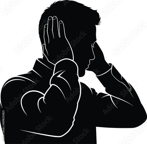 Person, covering, ears, silhouette, blocking, sound, refusing, listen, noise, stress, emotion, black, outline, vector, illustration, isolated, design, element, gesture, posture, icon, set, graphic