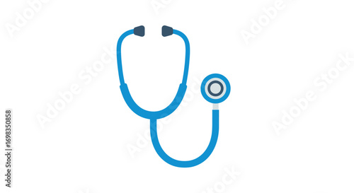 A simple flat design icon of a bright blue medical stethoscope for healthcare.