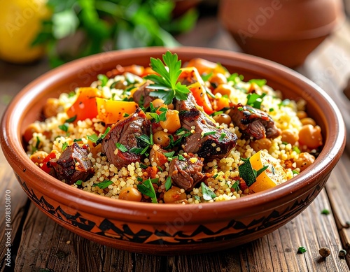 Traditional North African couscous with vegetables and lamb