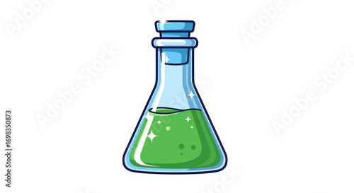 Glass Flask Containing Vibrant Green Liquid with Bubbles.