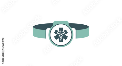 A teal medical alert bracelet featuring the Star of Life symbol on a circular emblem.