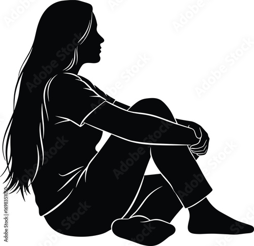 Person, silhouette, sitting, ground, knees, bent, arms, resting, posture, relaxed, black, outline, vector, illustration, isolated, design, element, icon, set, graphic, human, pose