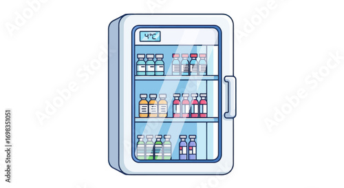 Illustrated Medical Refrigerator with Various Vaccine Vials.
