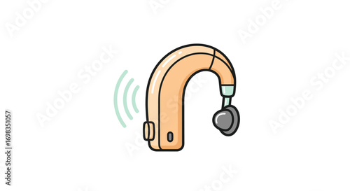 Beige Behind-the-Ear Hearing Aid with Sound Waves Illustration.