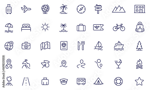 Travel, Vacation, Tourism Icon Set, Editable Stroke Vector Illustration, Thin Line Journey, Adventure, Explore, Holiday, Destination, Trip, Summer, Hotel, Beach, Flight, Luggage