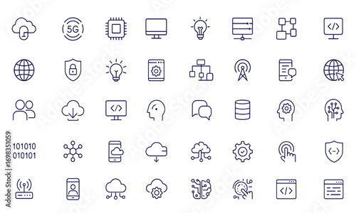 Technology Icon Set, Web and Mobile App Line Style, AI, 5G, Computer, Chip, Data Center, IT Network, Software, Communication, Cloud, Internet, Security, Innovation, Digital System