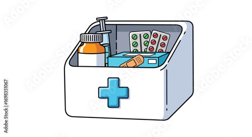 White First Aid Kit Box Filled with Medical Supplies and Medications.