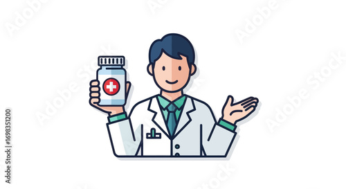 Cartoon illustration of a friendly male doctor holding a bottle of medicine.