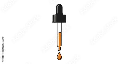 A simple illustration of a glass dropper with a black bulb dispensing a drop of golden liquid.