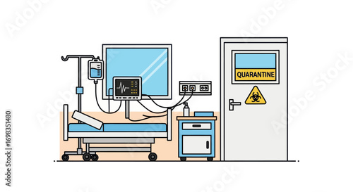 Hospital Room with Bed Medical Equipment and Quarantine Door.