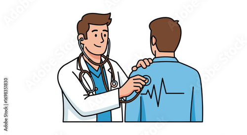 Smiling Male Doctor Examining Patients Back with Stethoscope and Heartbeat Line Illustration.
