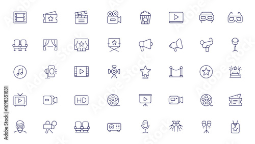Cinema, movie, film, video, theater, linear icon set, editable stroke web pictograms, popcorn, 3D, VR, ticket, director, soundtrack, clapper, multimedia, entertainment, digital media