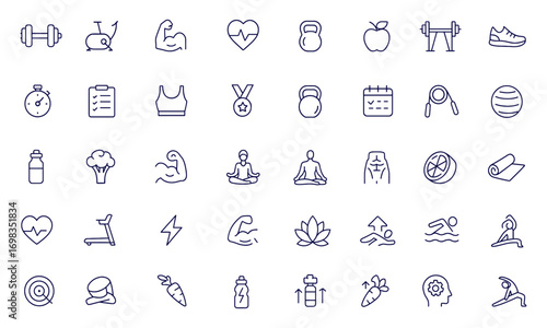Fitness sport icon set, healthy lifestyle line style, gym training workout, muscle nutrition, dieting body care, weight wellness, exercise cardio, yoga strength, hydration flexibility,