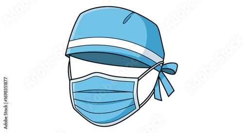 Cartoon illustration of a blue surgical scrub cap and medical face mask.