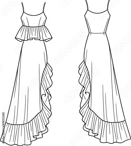 Women’s ruffle maxi dress flat sketch, sleeveless peplum gown with frill hem fashion template, clothing design CAD drawing flat vector illustration