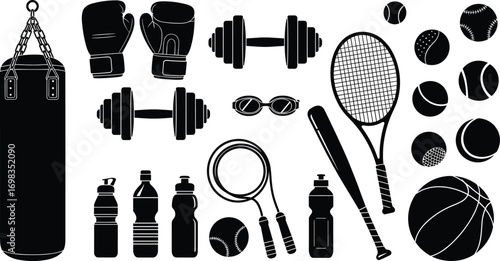 Sports, equipment, silhouettes, fitness, gear, boxing, gloves, punching, bag, dumbbells, rackets, balls, jump, ropes, water, bottles, black