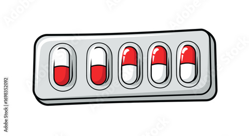 Cartoon Illustration of a Blister Pack with Red and White Pills.