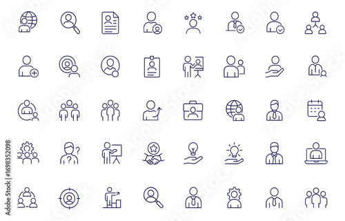 Recruitment job icon set, web and mobile app line style, career, hiring, headhunting, candidate, resume, HR, business, talent acquisition, employer branding, interview process, staff management