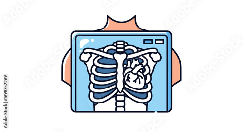 X-Ray Image of Human Chest with Ribs and Heart.