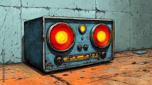 Retro Blue Pixel Art Radio with Glowing Orange Speakers on Worn Surface