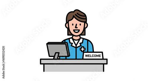 Friendly female medical receptionist in a blue uniform at a hospital welcome desk with a computer.