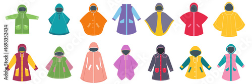 Raincoat icons set. Waterproof clothes logo. Hooded rainwear design. Outerwear fashion element. Autumn spring symbols. Vector protection from rain and wind, cartoon flat style isolated illustration