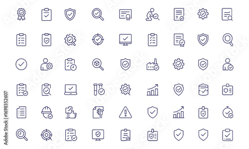 Quality assurance, quality control, inspection icons set, line style vector illustration for web and mobile app, certificate, testing, compliance, audit, verification, production, safety, assessment
