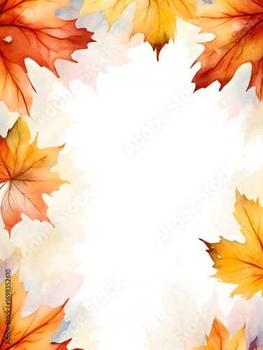 Colorful watercolor maple leaves frame with white empty copy space inside 