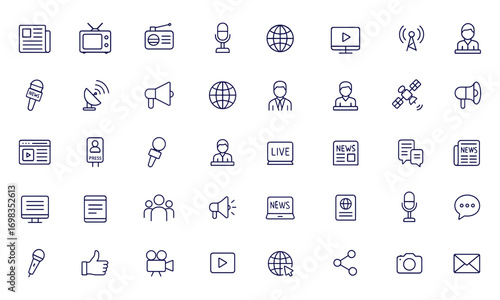 News Media Icon Set, Linear Vector Illustration, Editable Stroke Collection of Journalism, Press, Broadcasting, Interview, TV, Radio, Newspaper, Magazine, Communication, Digital Media