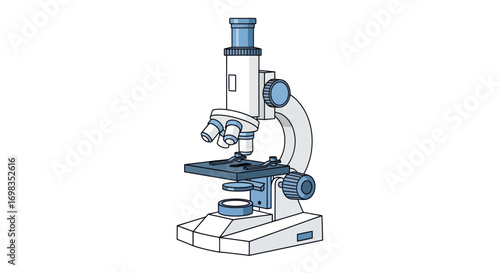 Detailed illustration of a compound laboratory microscope with blue accents.