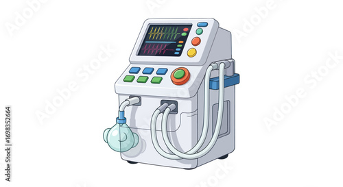 Medical Ventilator Machine with Screen and Controls for Respiratory Support.