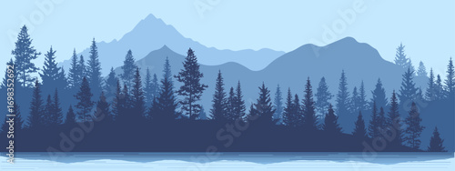 Mountain landscape with forest, morning haze, vector illustration, panoramic view