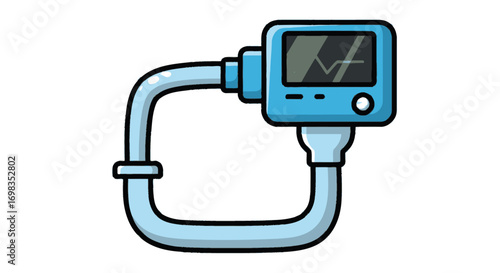 Blue medical device with screen displaying heart rhythm.