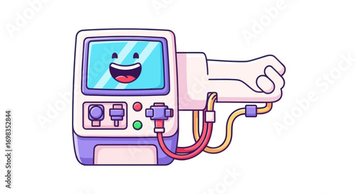 Cartoon Dialysis Machine with Smiling Screen and Connected Arm.